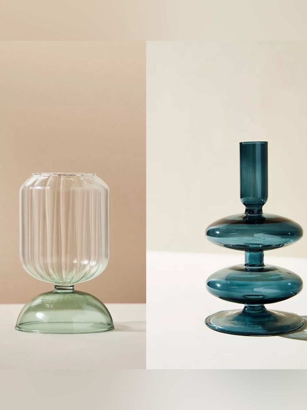 Anthropologie Dual Glass Vase Pair in Seafoam Green and Teal Blue